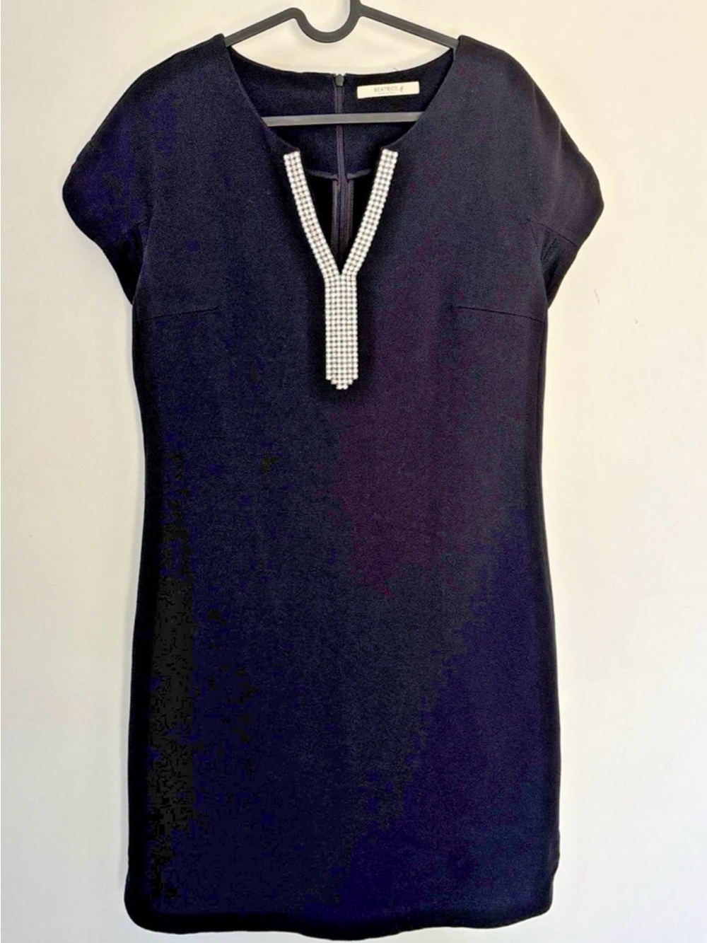 Pearl-Trim Navy Midi Dress